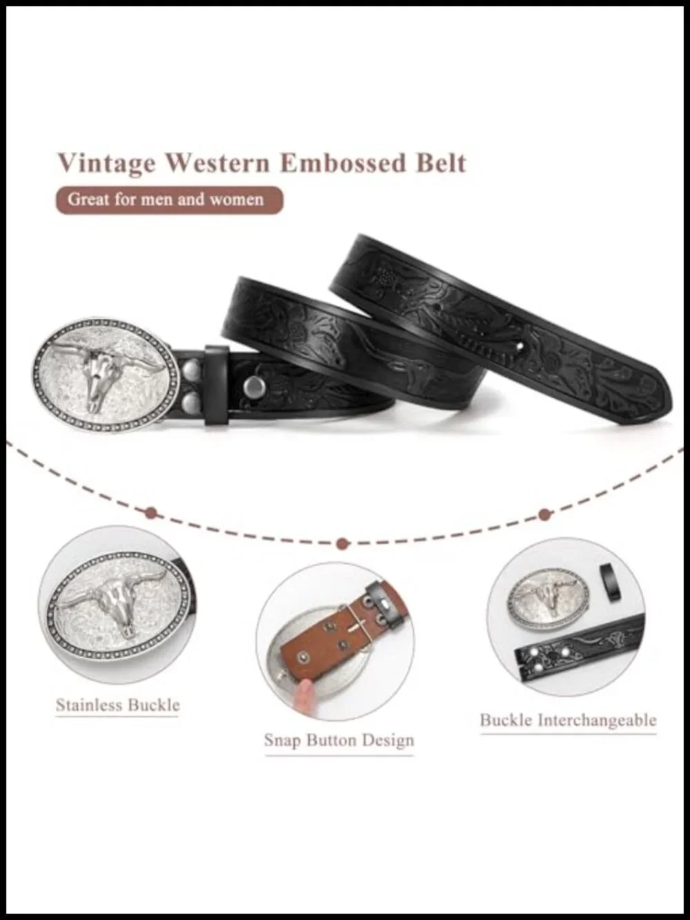 Western Belt for Men Women, Embossed Leather with Bull Buckle